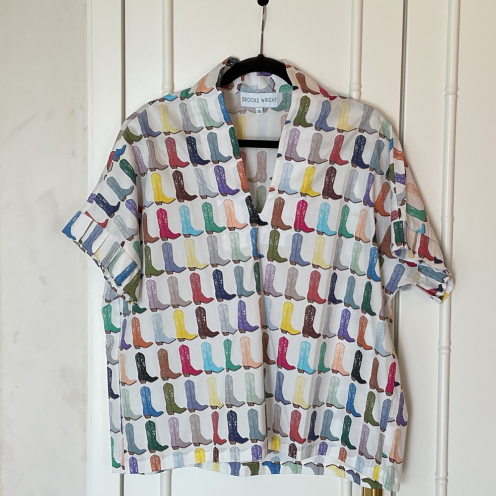 Brooke Wright Multicolor Cowboy Boot Print Women’s Short Sleeve Top